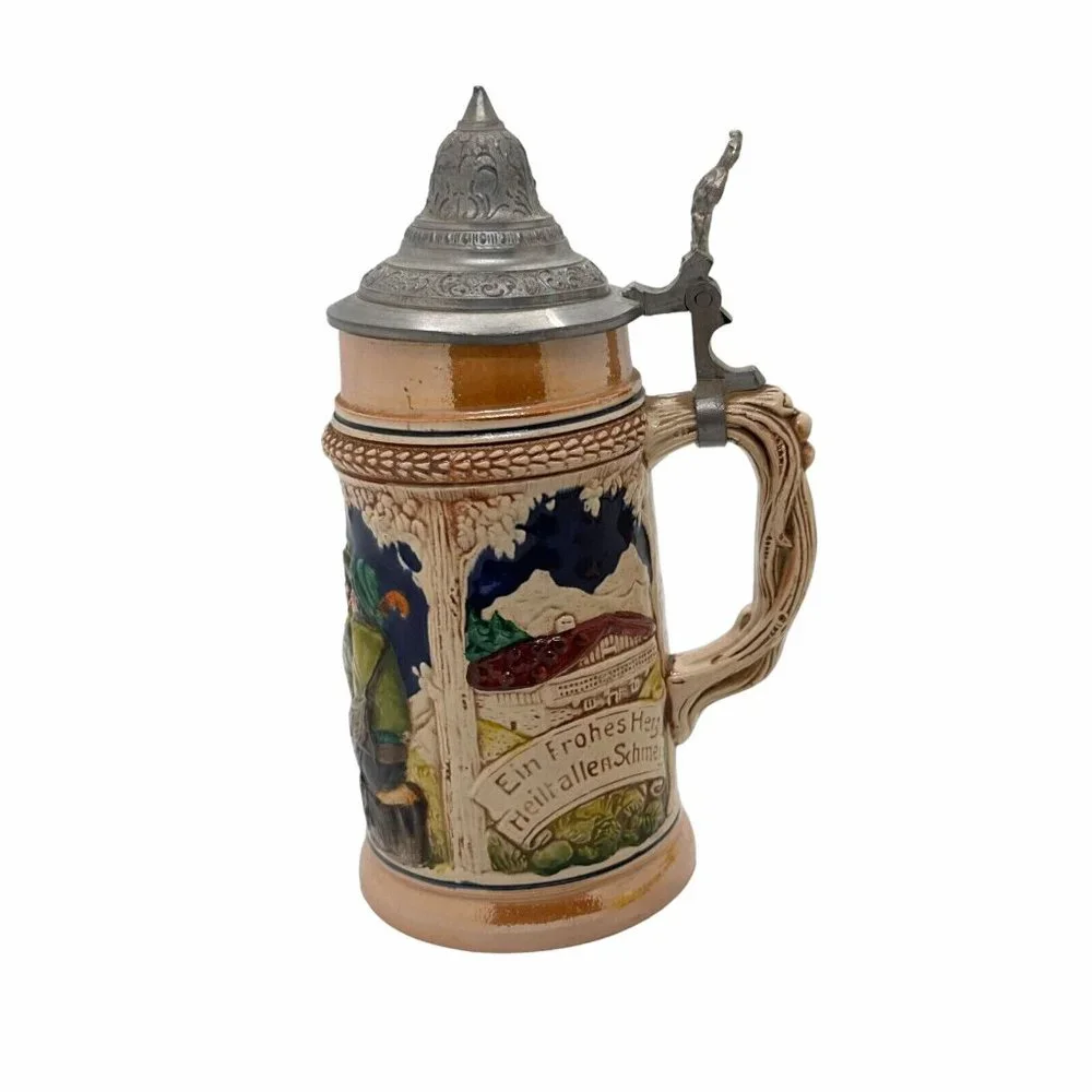 Antique Vintage German Beer Stein Heilt allen Schmerz Ein Frohes Herz 7 Inches